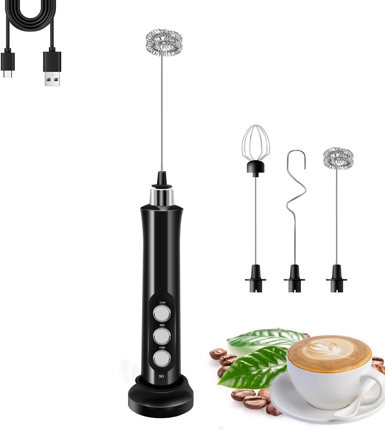 3 in 1 Rechargeable Handheld Milk Frother — Barista‑Style Foam in 15 Seconds