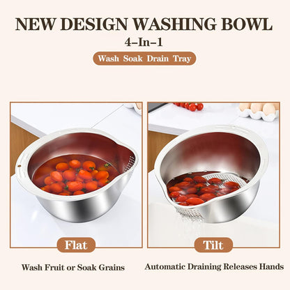 Rice Washer Strainer Bowl - 4-in-1 Washing Bowl — Fluffy Rice, Cleaner Produce, One Handy Bowl