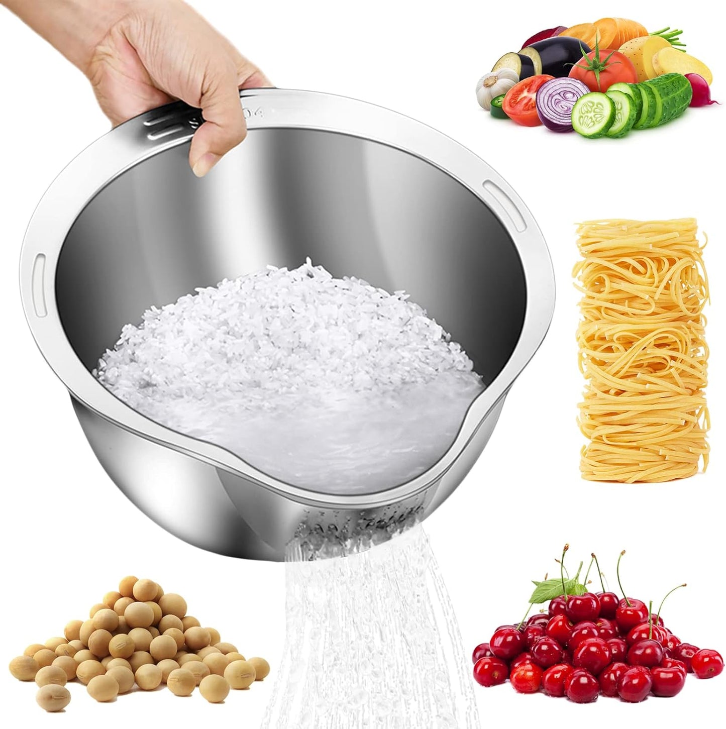 Rice Washer Strainer Bowl - 4-in-1 Washing Bowl — Fluffy Rice, Cleaner Produce, One Handy Bowl