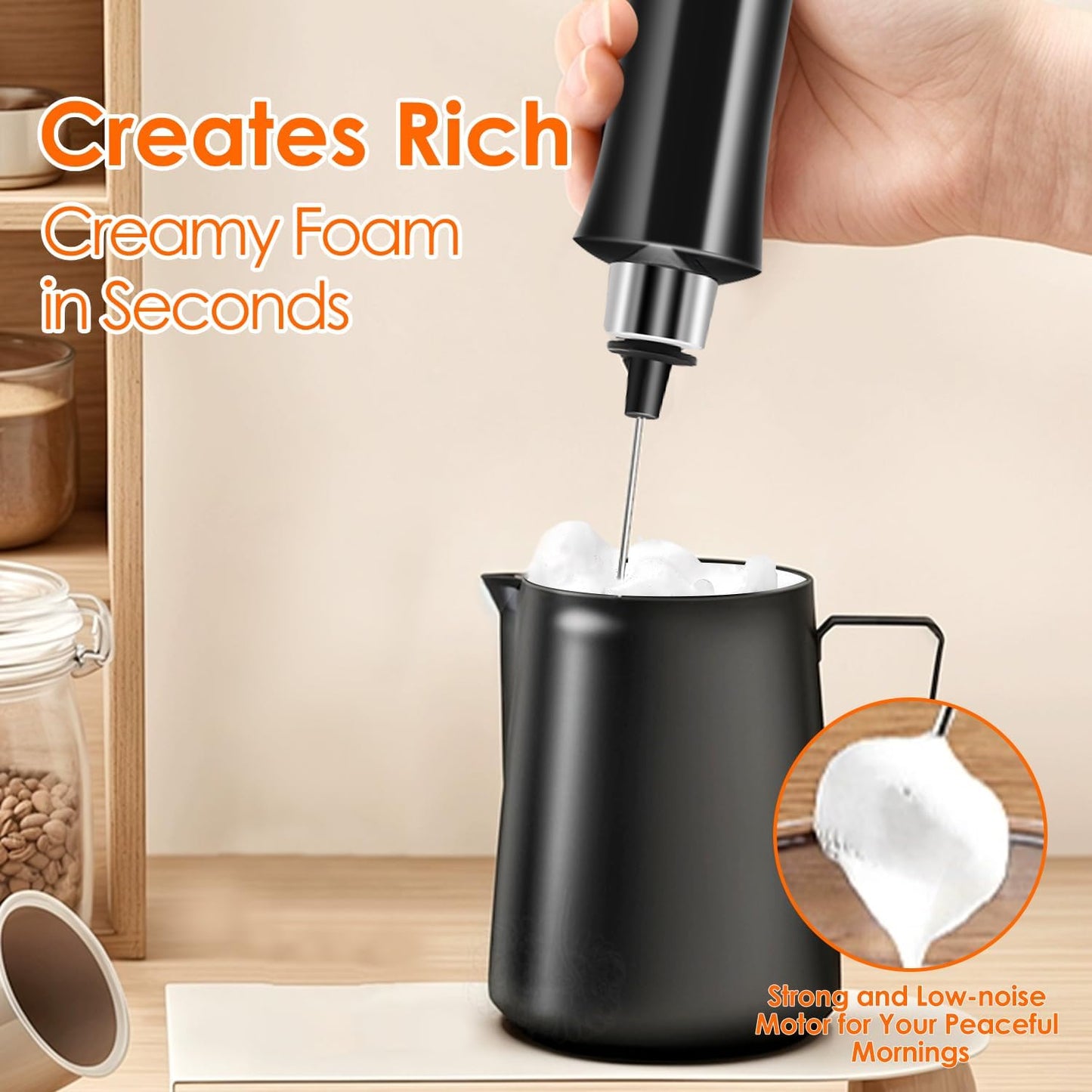 3 in 1 Rechargeable Handheld Milk Frother — Barista‑Style Foam in 15 Seconds